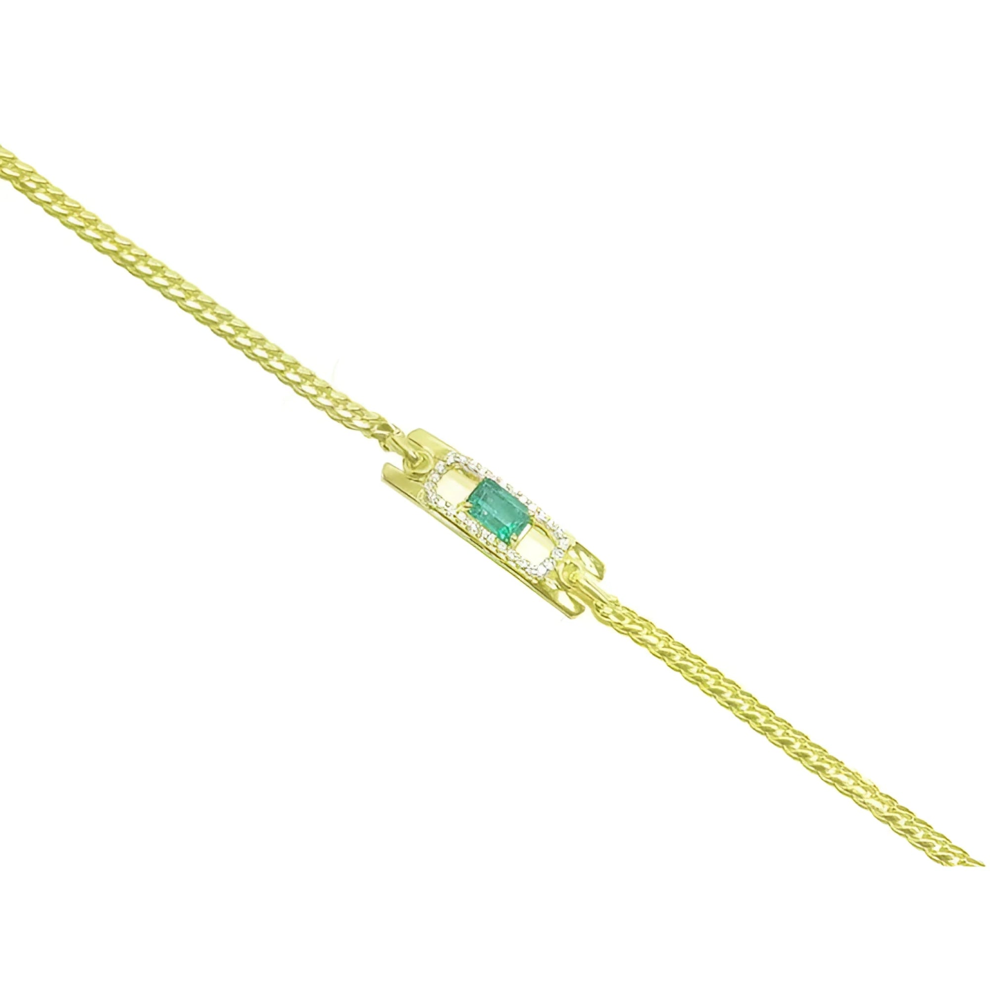 14K yellow gold bracelet with a rectangular Colombian emerald and diamond halo.
