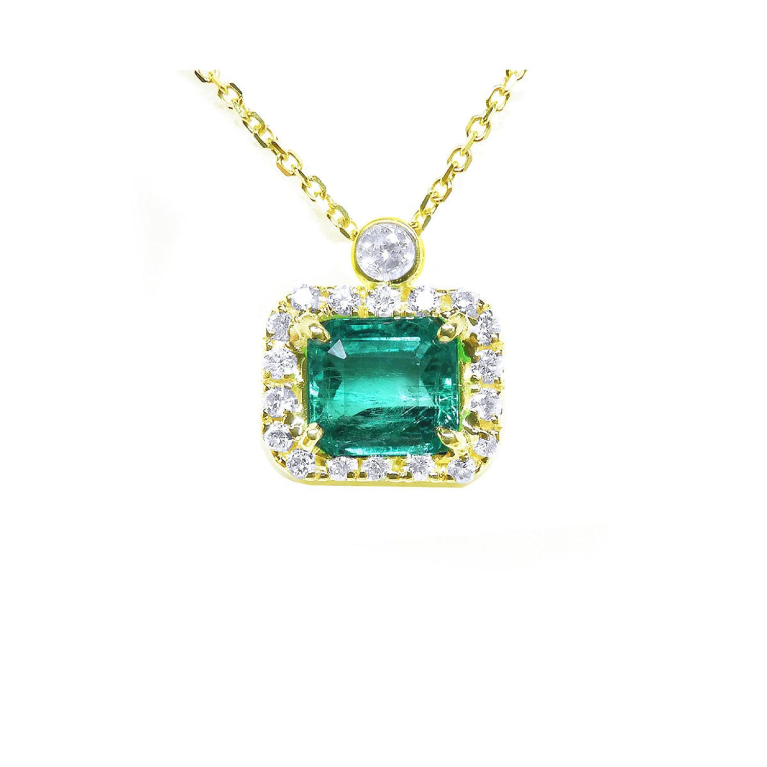 Emerald jewelry necklace east west orientation in a halo of natural diamonds, 14k yellow gold