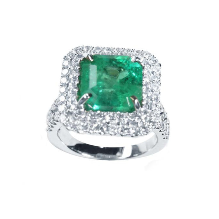 GIA certified F1 Muzo colombian emerald ring for women, halo natural diamonds crafted in 14k white gold.