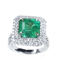 GIA certified F1 Muzo colombian emerald ring for women, halo natural diamonds crafted in 14k white gold.
