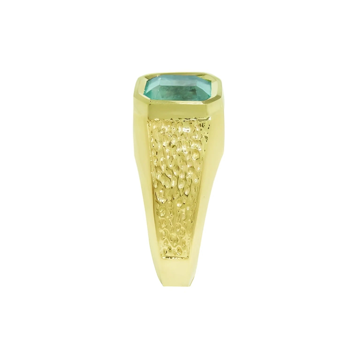 Men's 14K yellow gold ring with a rectangular emerald-cut bluish-green Muzo Colombian emerald, bezel set.