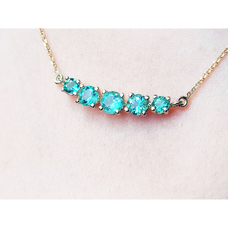 Emeralds Five Stone Necklace round cut Muzo Colombia 14K Yellow Gold