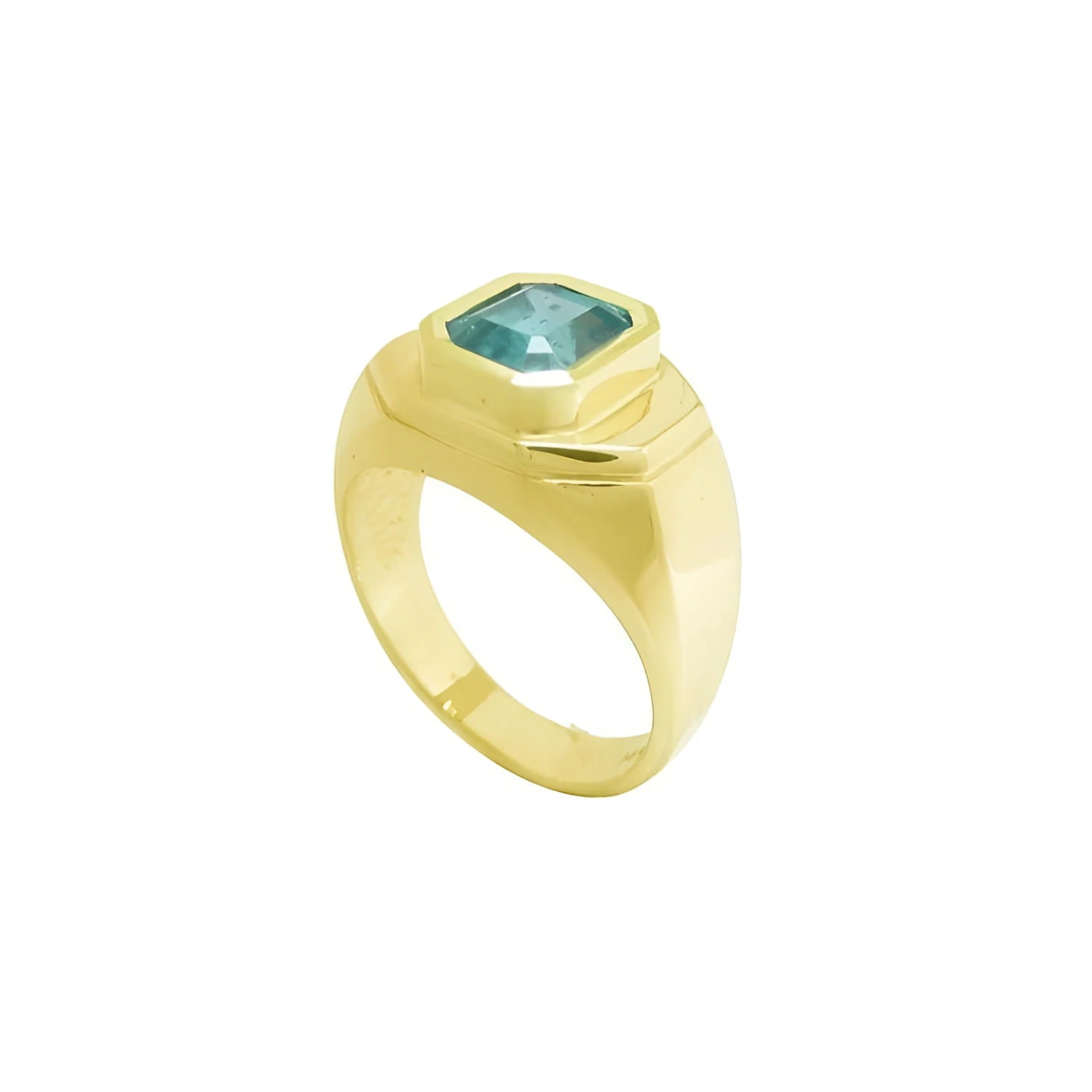 Men's 14K yellow gold ring with a rectangular bluish-green Muzo Colombian emerald in a bezel setting.