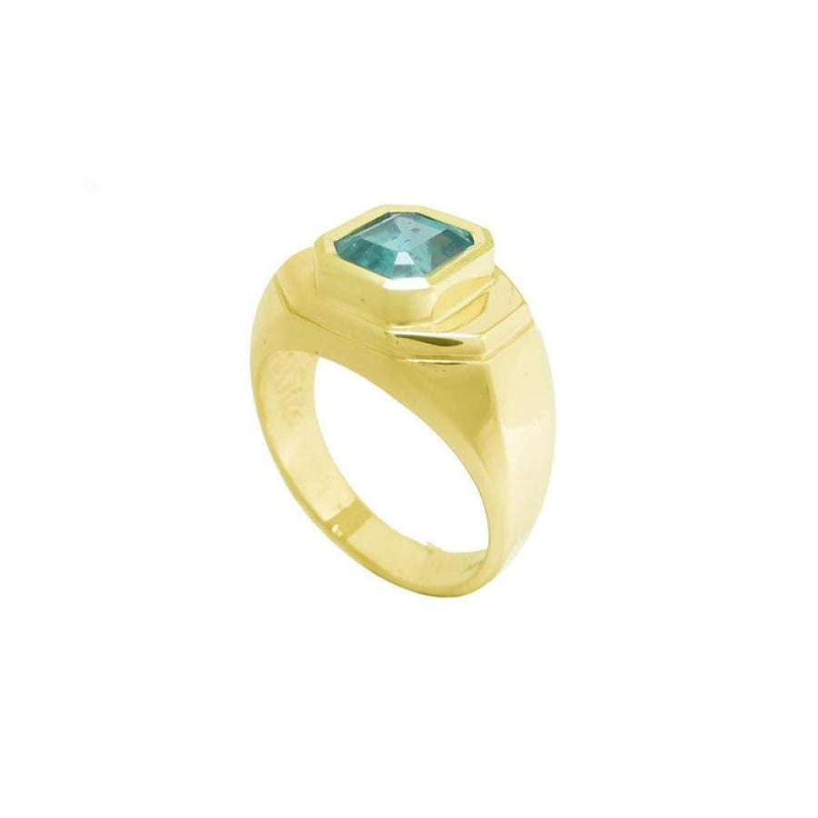 Men's 14K yellow gold ring with a rectangular bluish-green Muzo Colombian emerald in a bezel setting.