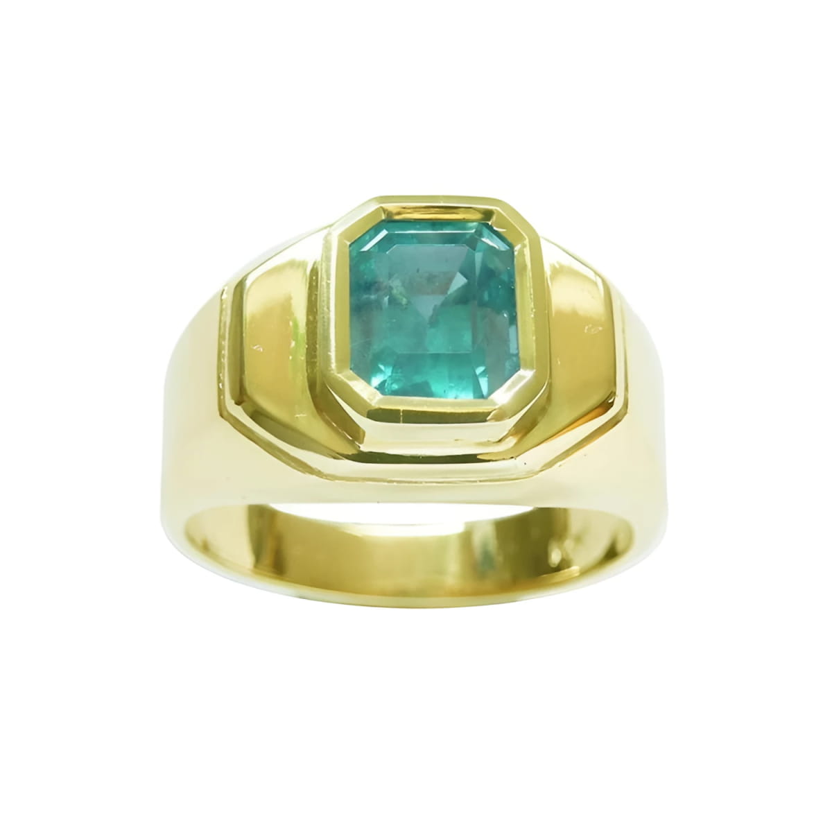 May birthstone emerald Muzo mine colombian emerald bezel set solitaire ring for men in yellow gold.