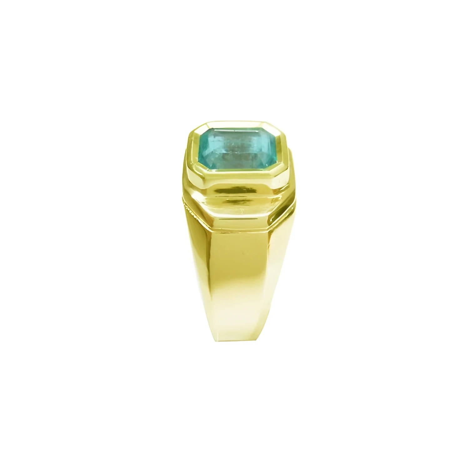 Men's 14K yellow gold ring with a rectangular 2.37 ct Muzo Colombian emerald in a bezel setting.