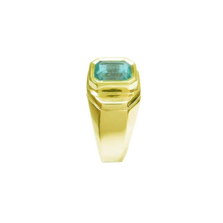 Men's 14K yellow gold ring with a rectangular 2.37 ct Muzo Colombian emerald in a bezel setting.