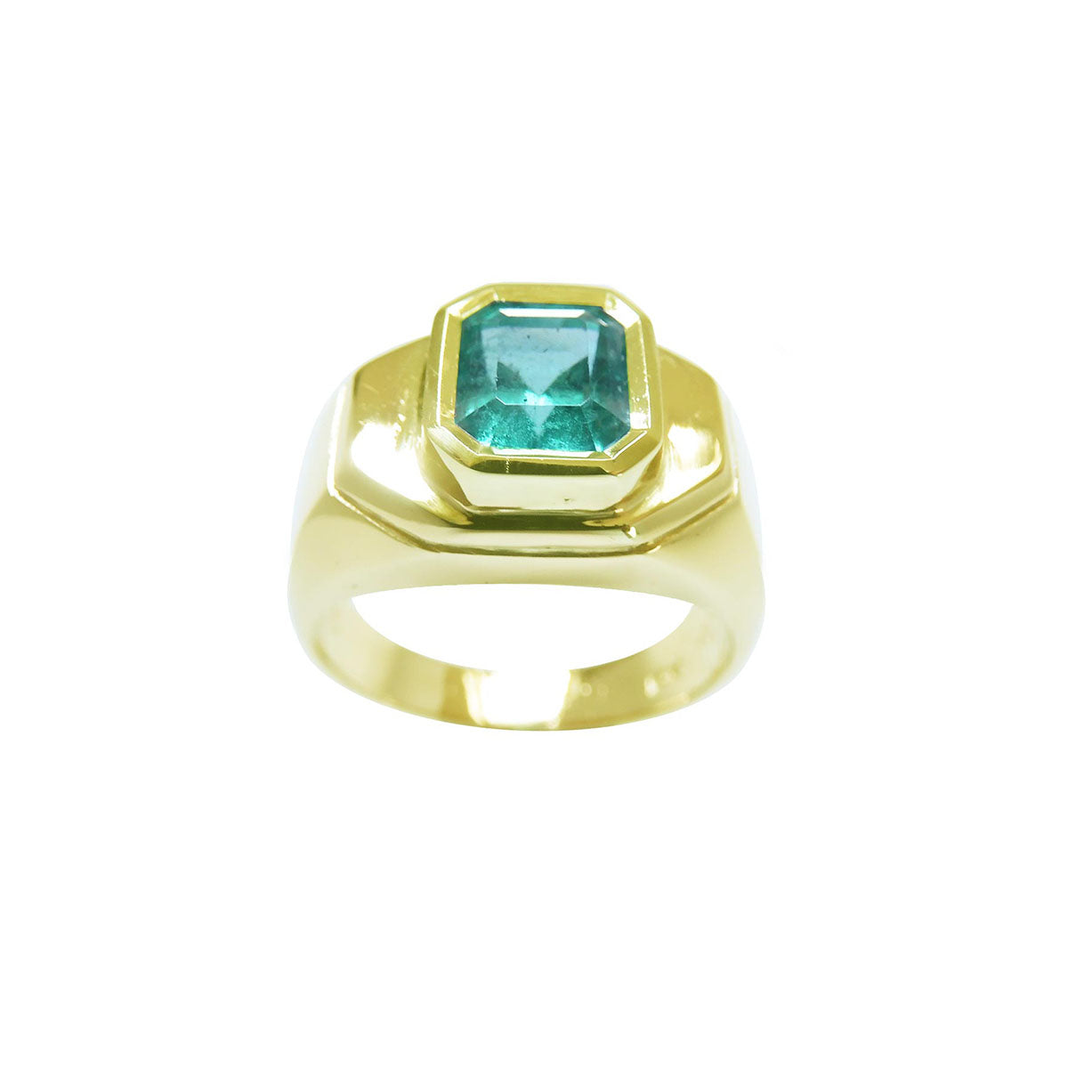 A bezel set natural colombian emerald solitaire mens emerald ring top and sides profiles view.