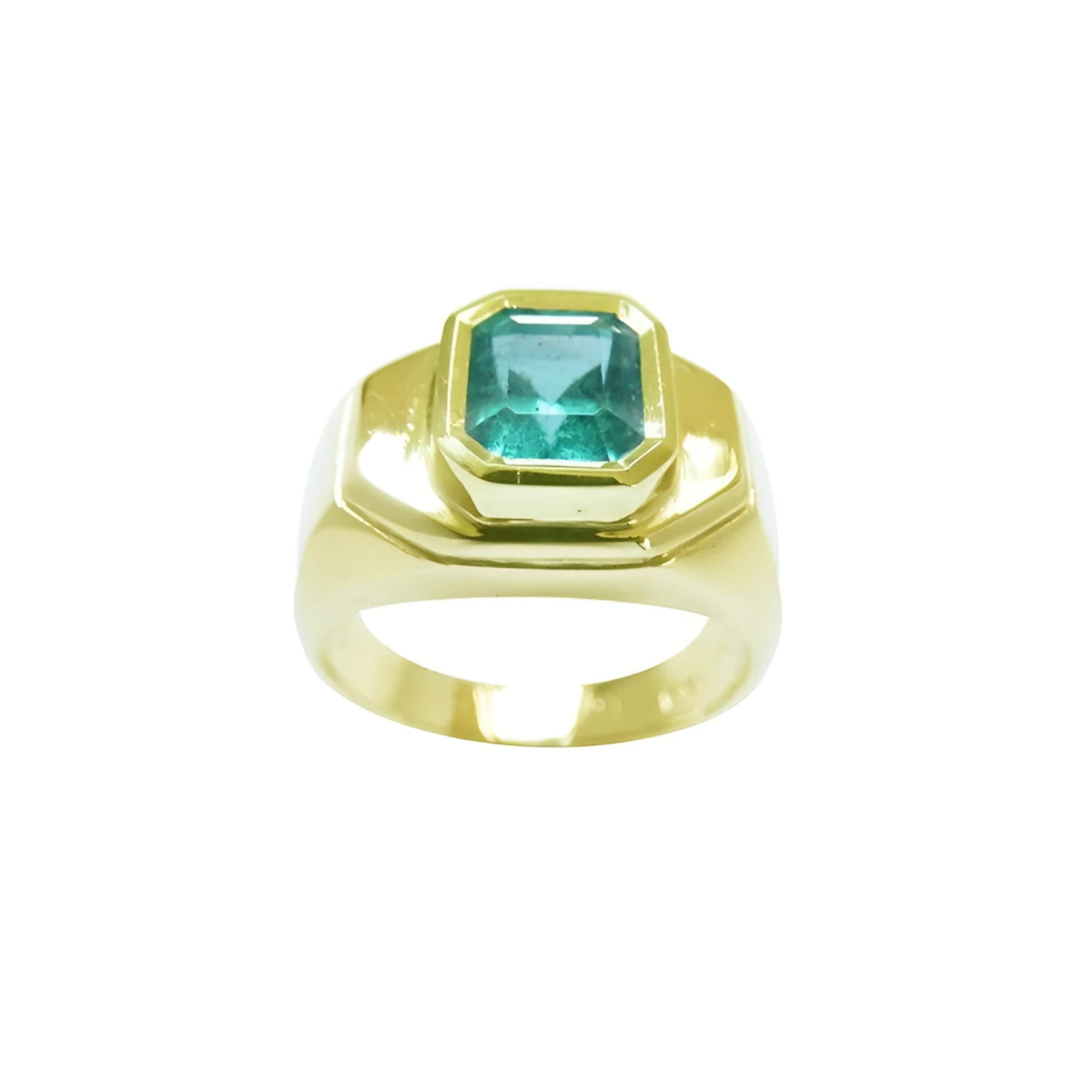 Men's 14K yellow gold ring with a rectangular bluish-green Muzo Colombian emerald.