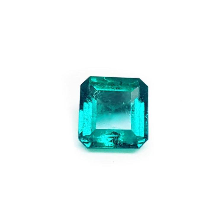 Emerald-cut Muzo mine loose Colombian emerald front table and pavilion view