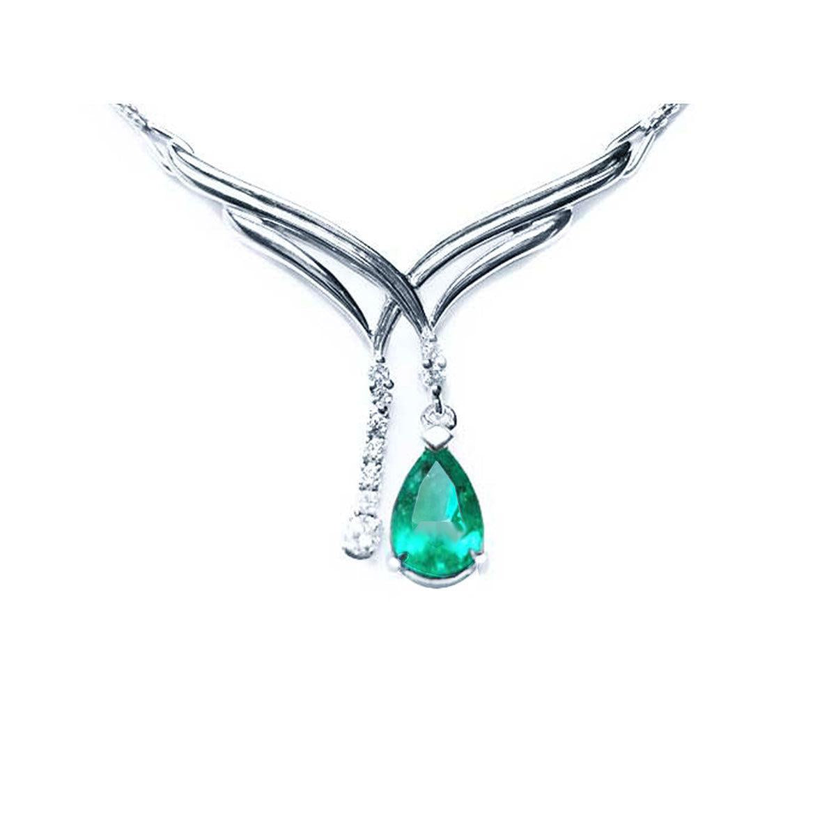 Chevon design 14k white gold emerald necklace natural pear cut sparkling medium green color 