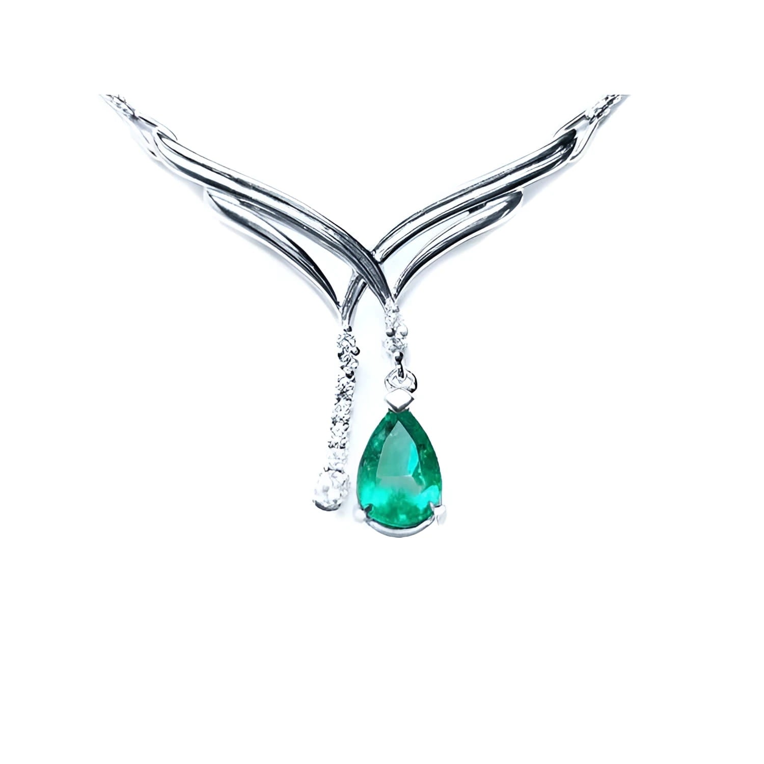 Chevon design 14k white gold emerald necklace natural pear cut sparkling medium green color 
