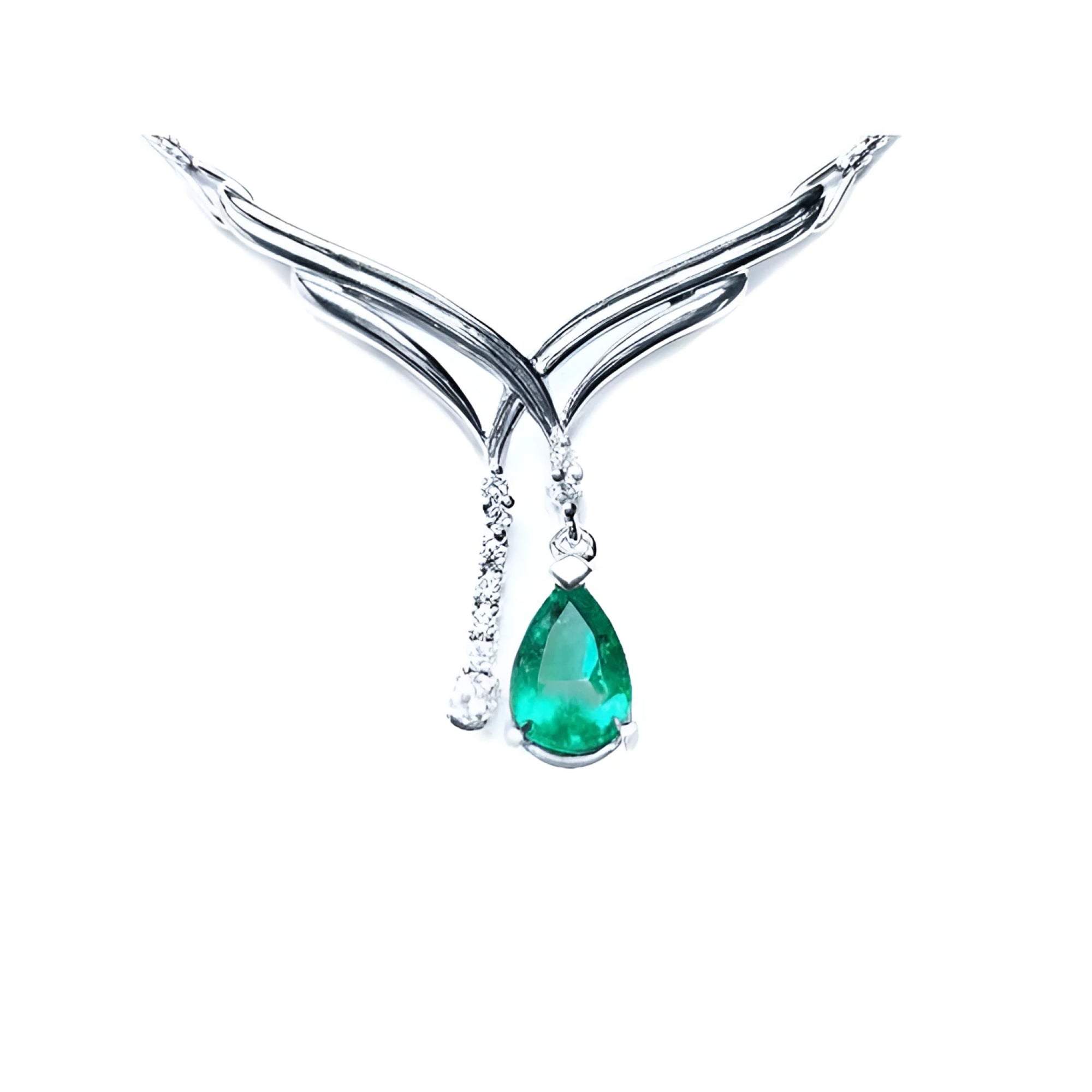 Chevon design 14k white gold emerald necklace natural pear cut sparkling medium green color 