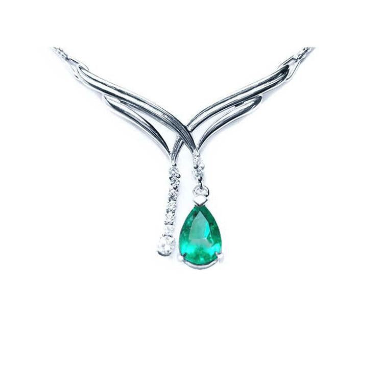 Chevon design 14k white gold emerald necklace natural pear cut sparkling medium green color 