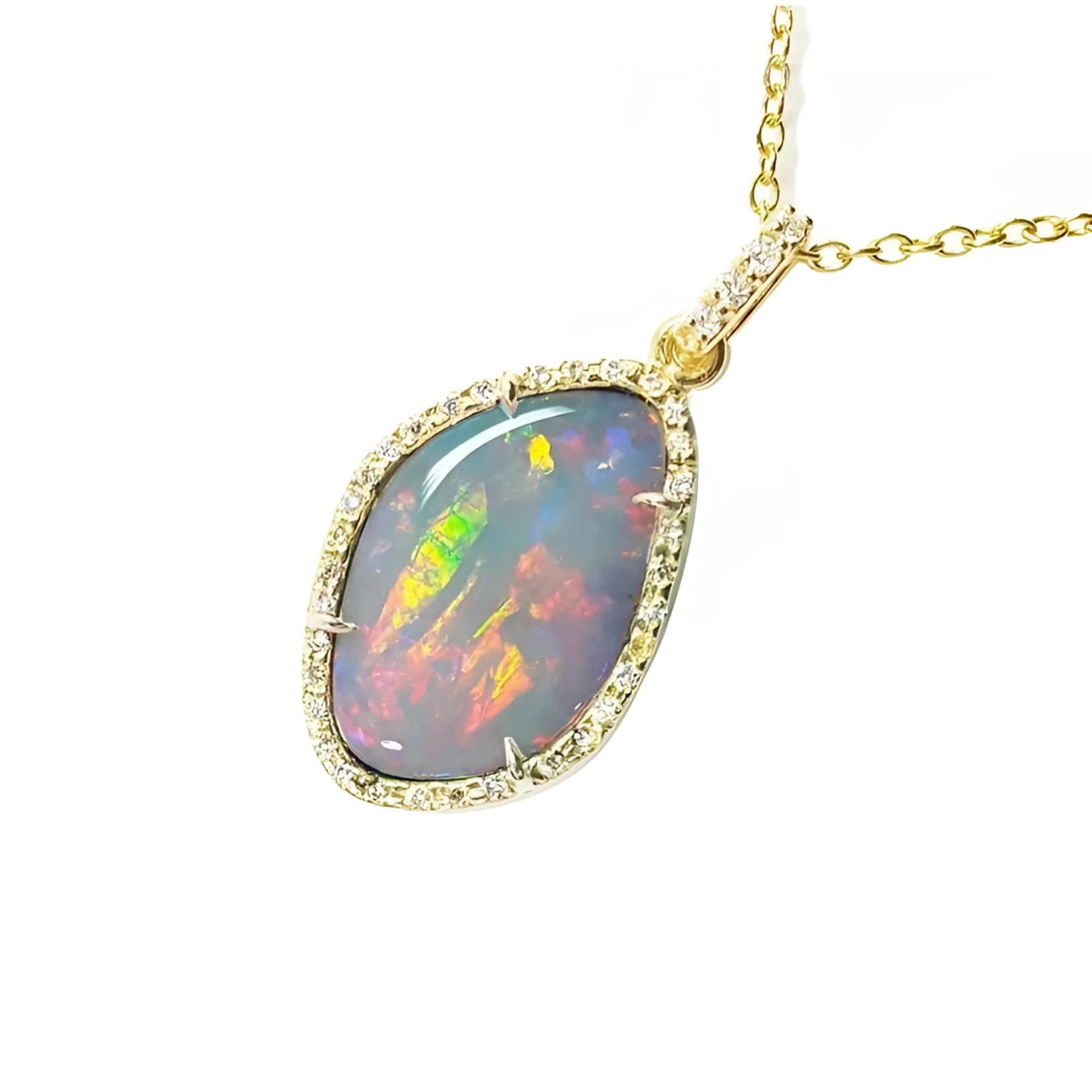4.30 ct. natural Australian opal pendant with fiery red-orange play-of-color, halo diamonds, and 18K yellow gold chain.