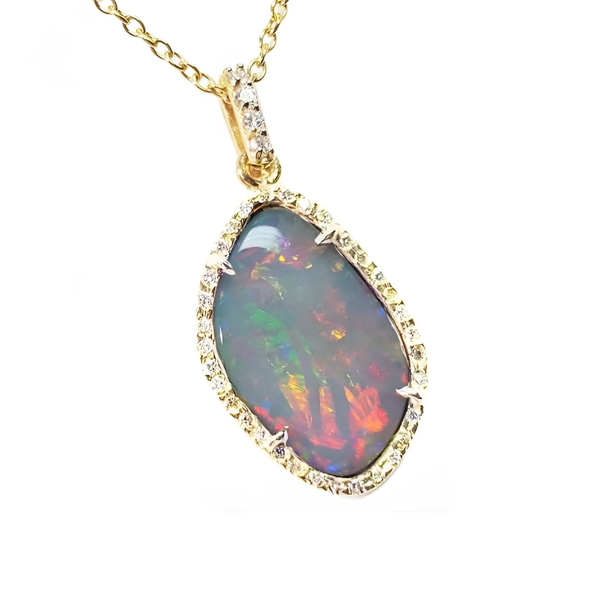 4.30 ct natural Australian opal pendant with fiery red-orange play-of-color, halo diamonds, and 18K yellow gold.