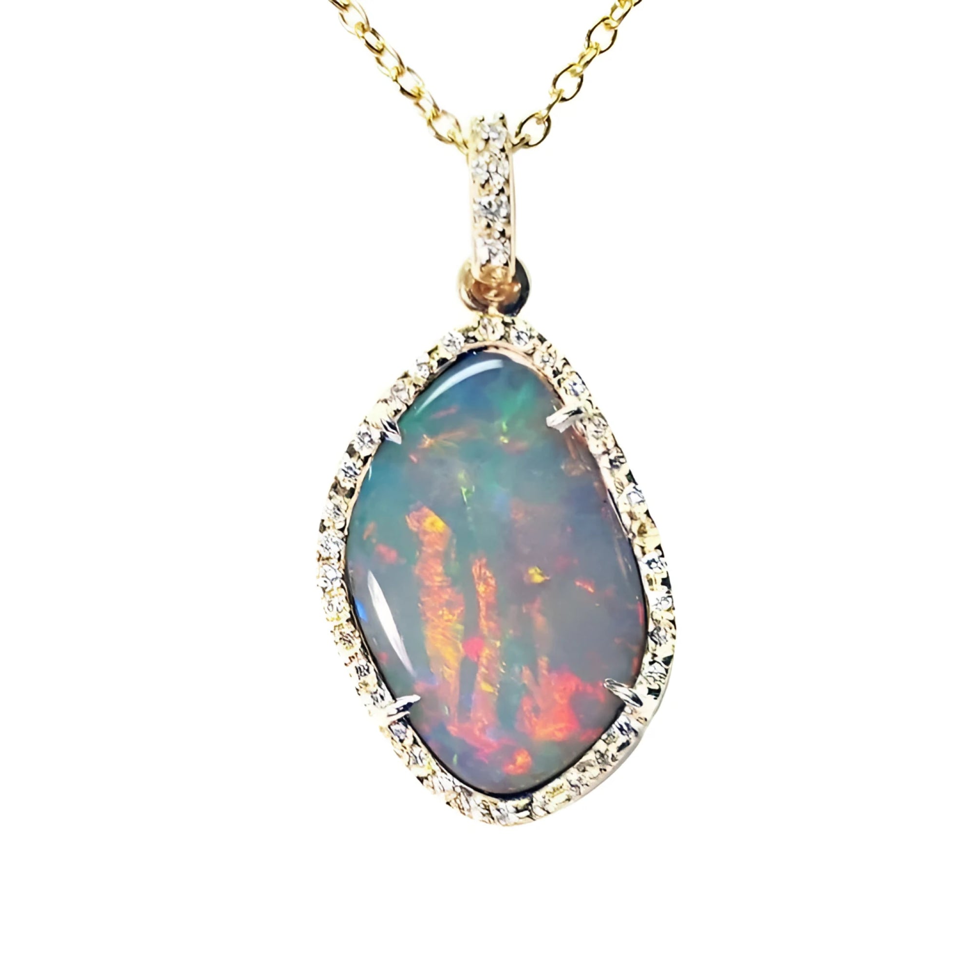 4.30 ct natural Australian opal pendant with fiery red-orange play-of-color, halo diamonds, and 18K yellow gold.
