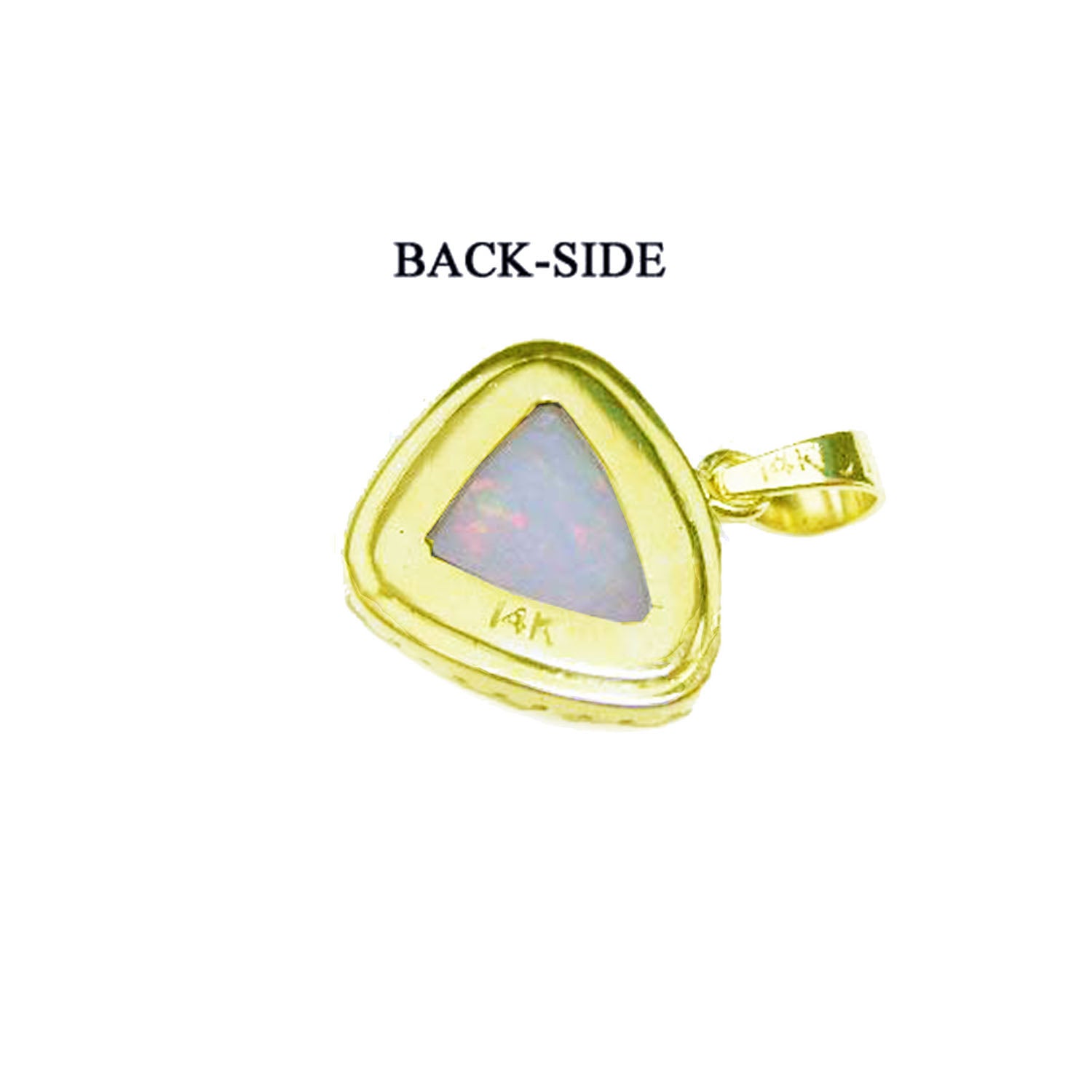 Gold pendant with a triangular opal on a white background, labeled &#39;Back-Side&#39;.