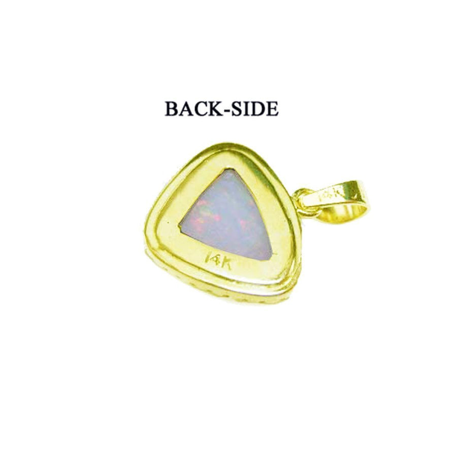 Back of a triangular white opal pendant with red fire, set in 14K yellow gold.
