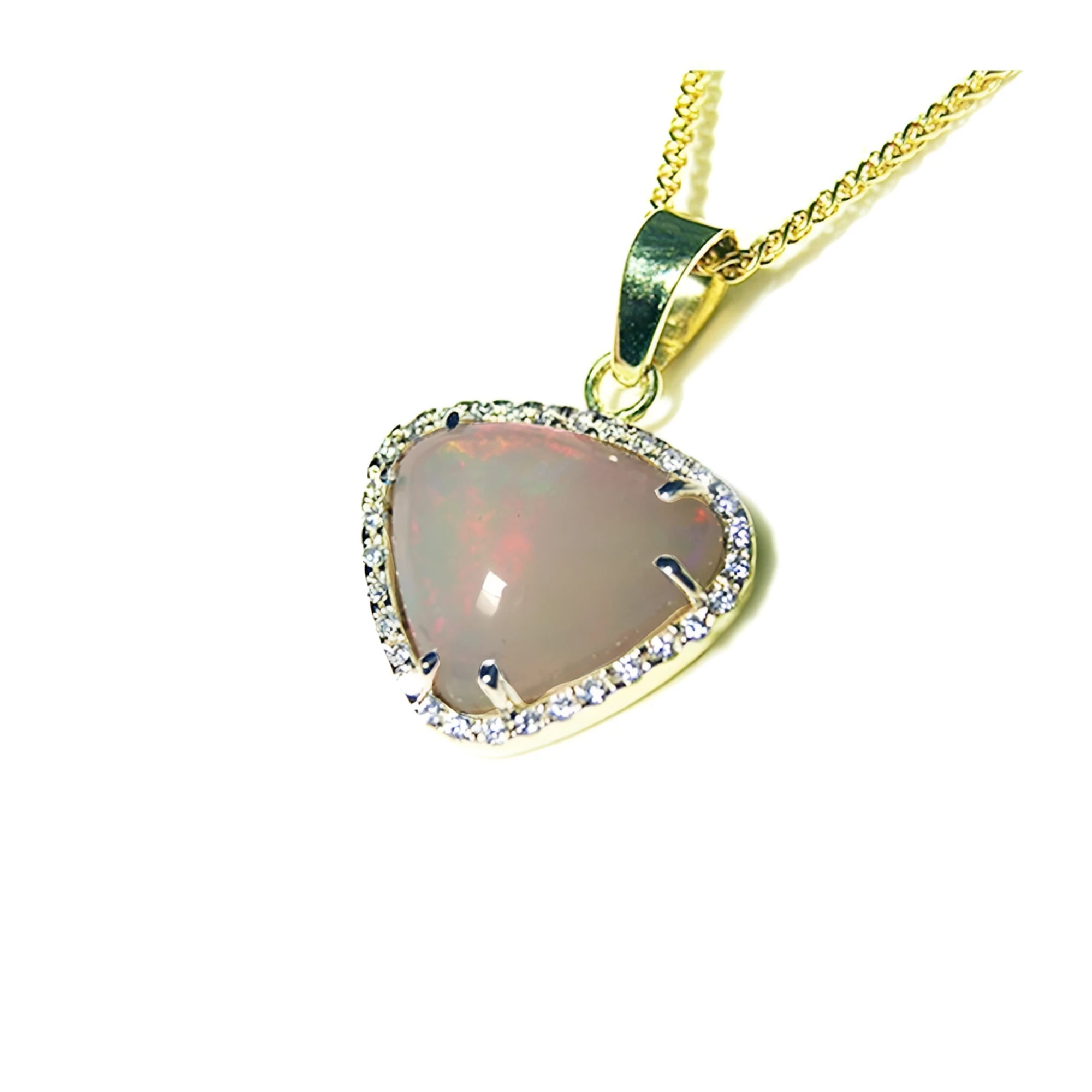 Natural Australian white opal pendant with red fire, diamond halo, 14K yellow gold chain.