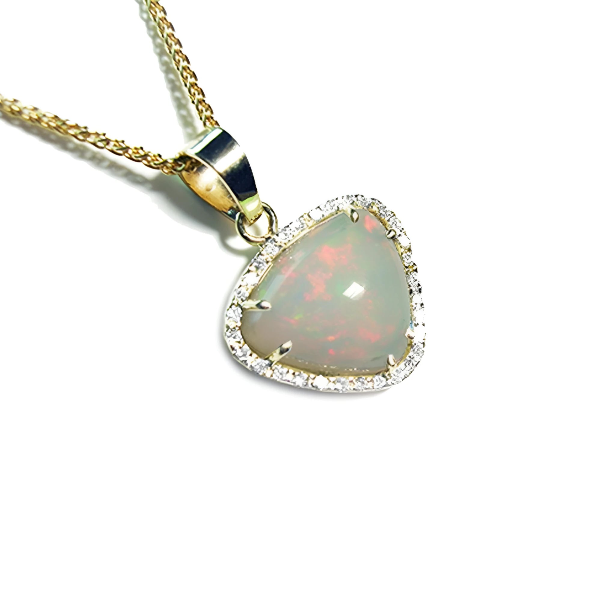 Triangular Australian white opal pendant with red fire, diamond halo, and 14K yellow gold chain.