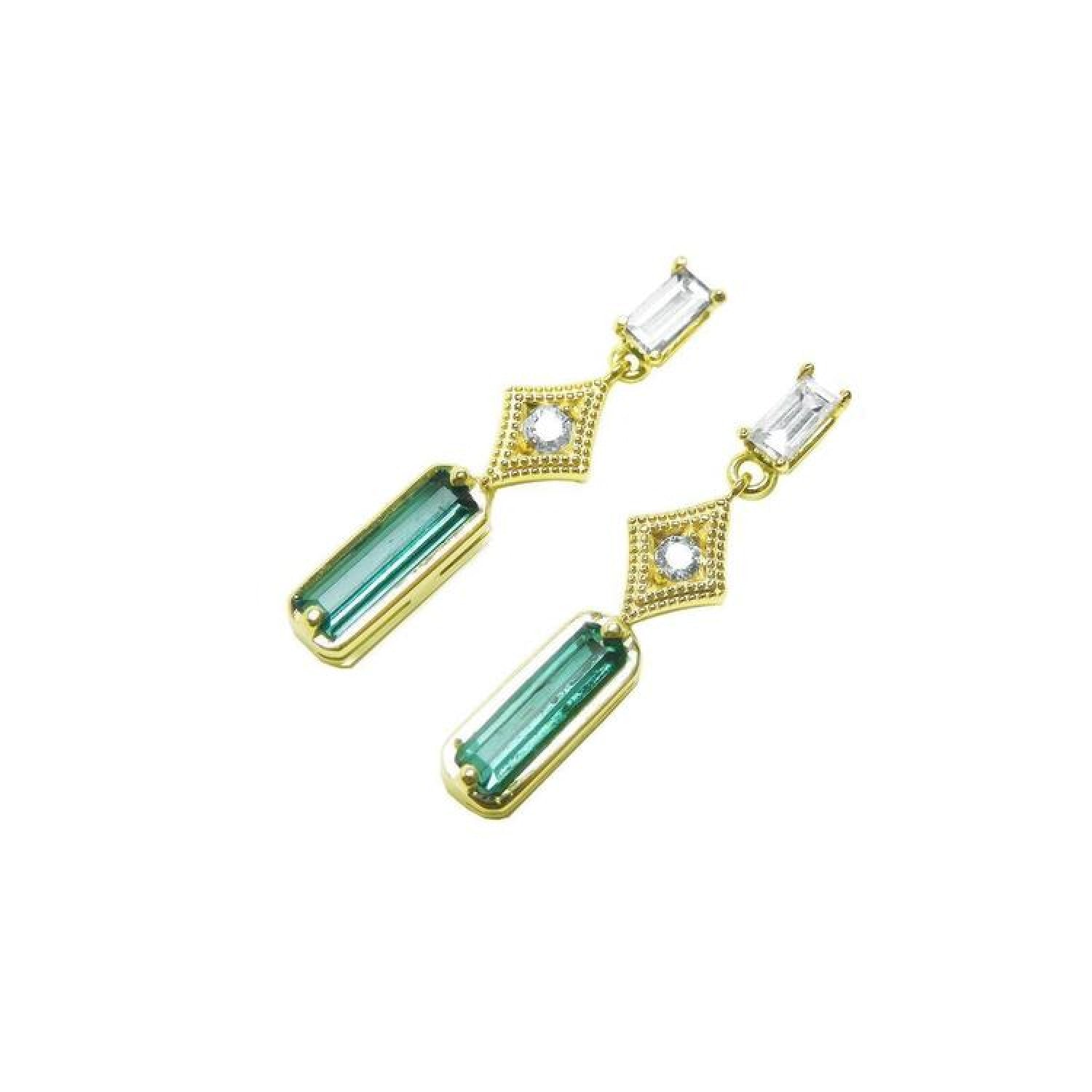 14K gold baguette emerald drop earrings with diamond accents.