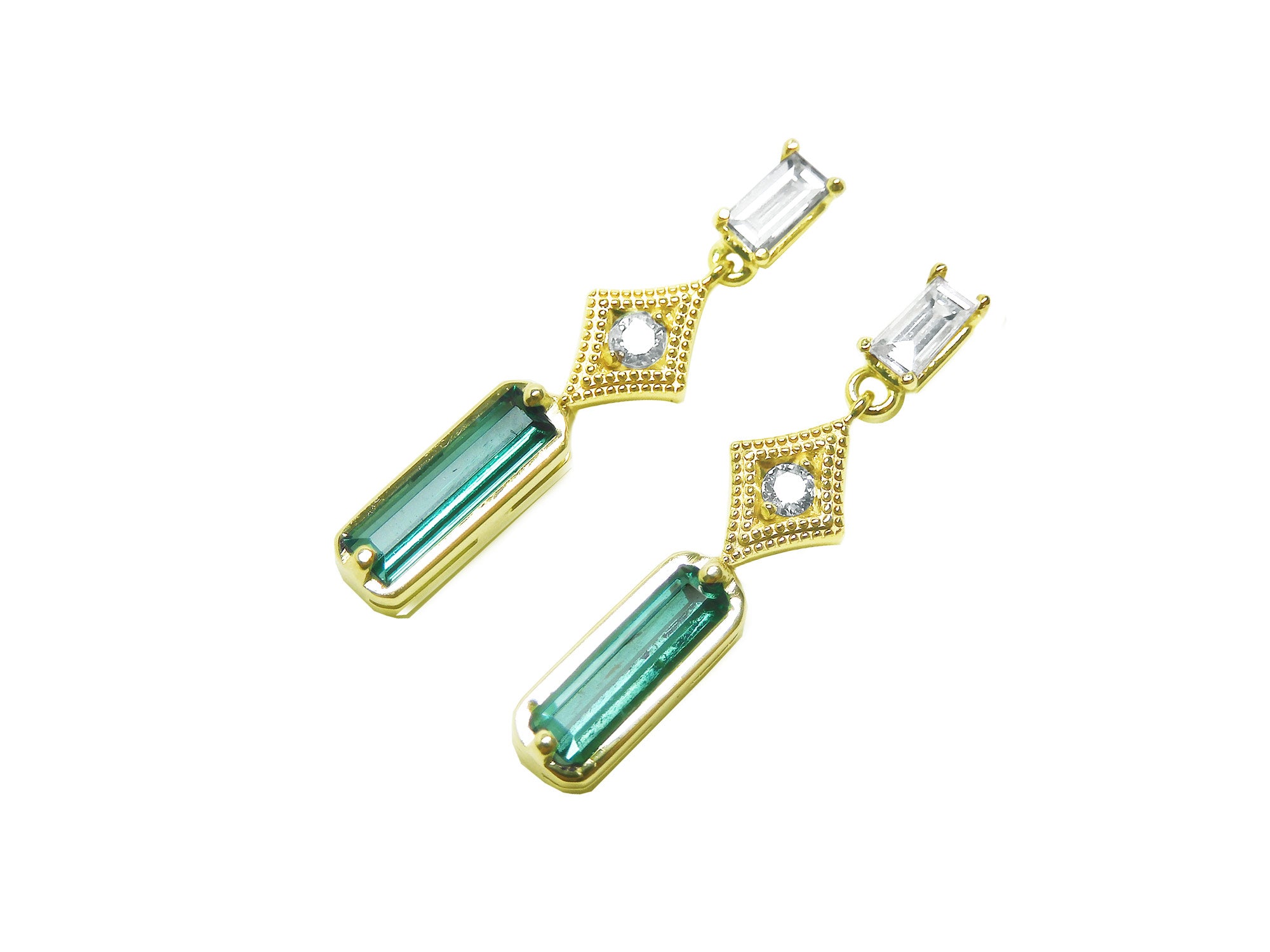 Yellow gold earrings with baguette cut emeralds and diamonds left side position top and gallery view.