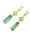 Yellow gold earrings with baguette cut emeralds and diamonds left side position top and gallery view.