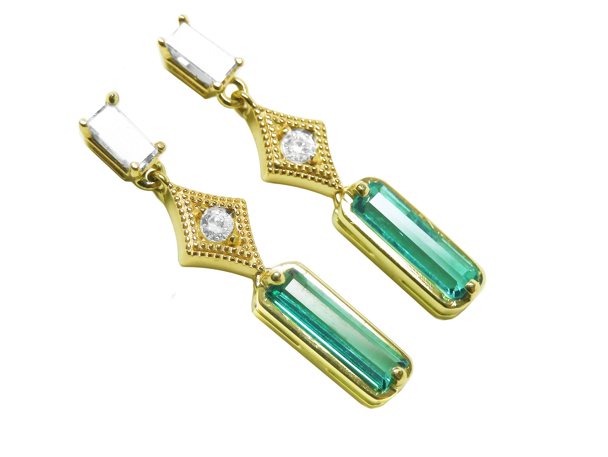 A pair of baguette cut emerald and diamond earrings, right side position top and gallery view.