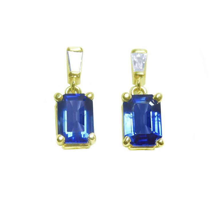 Natural blue sapphire earrings stud tapered baguette diamonds push backs, front position full top view