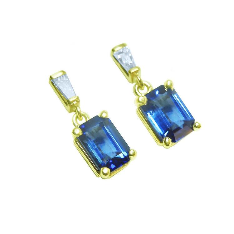 Natural blue sapphire earrings stud tapered baguette diamonds push backs, left side top view