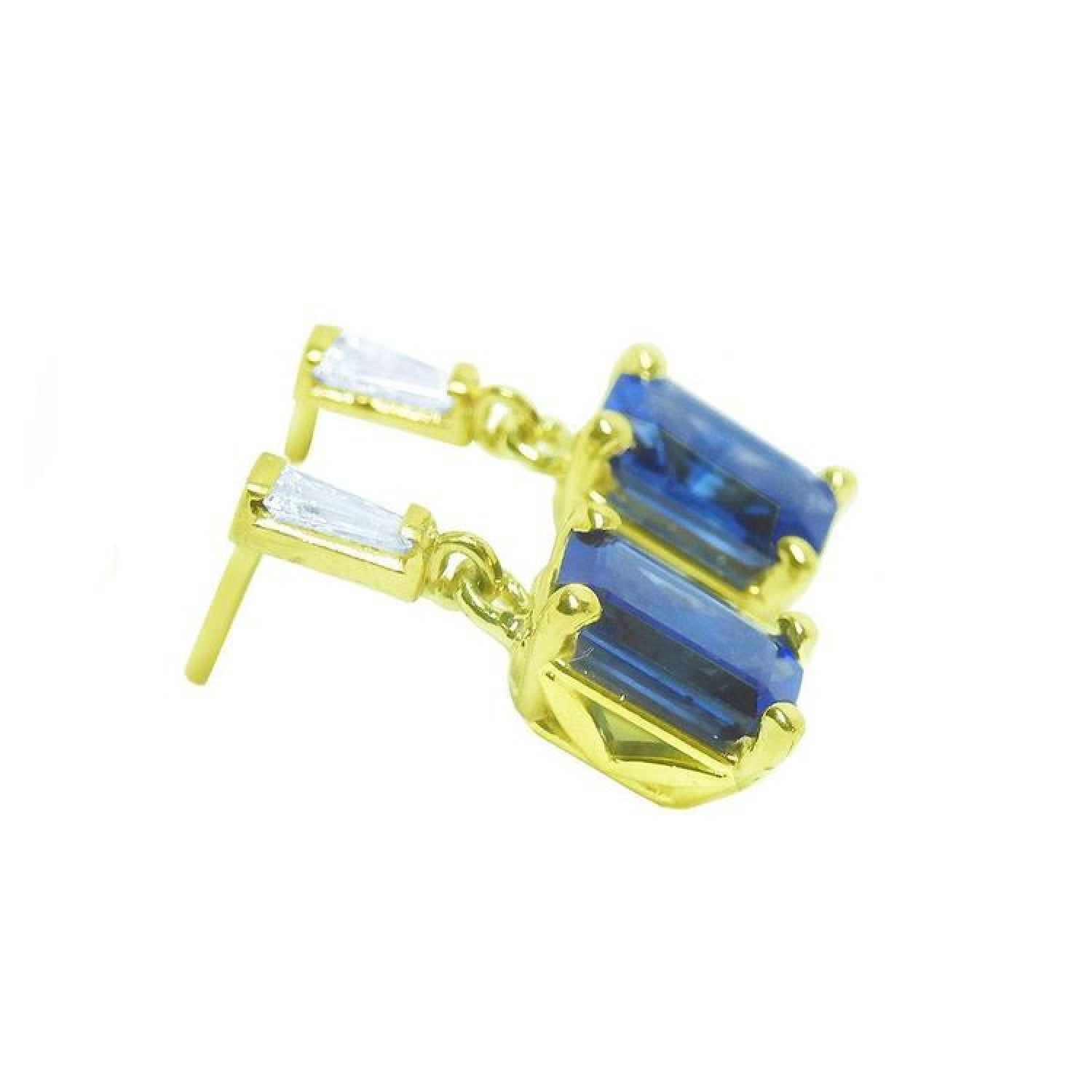 14K yellow gold blue sapphire emerald cut dangle earrings with tapered baguette diamonds.