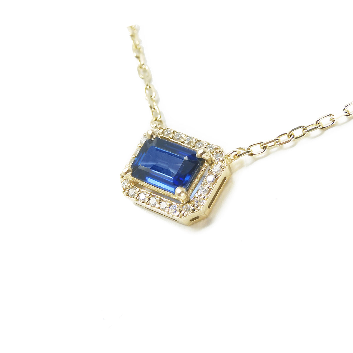 1.03 ct. Natural Blue Sapphire Necklace Emerald cut Halo Diamonds in 14K Yellow Gold