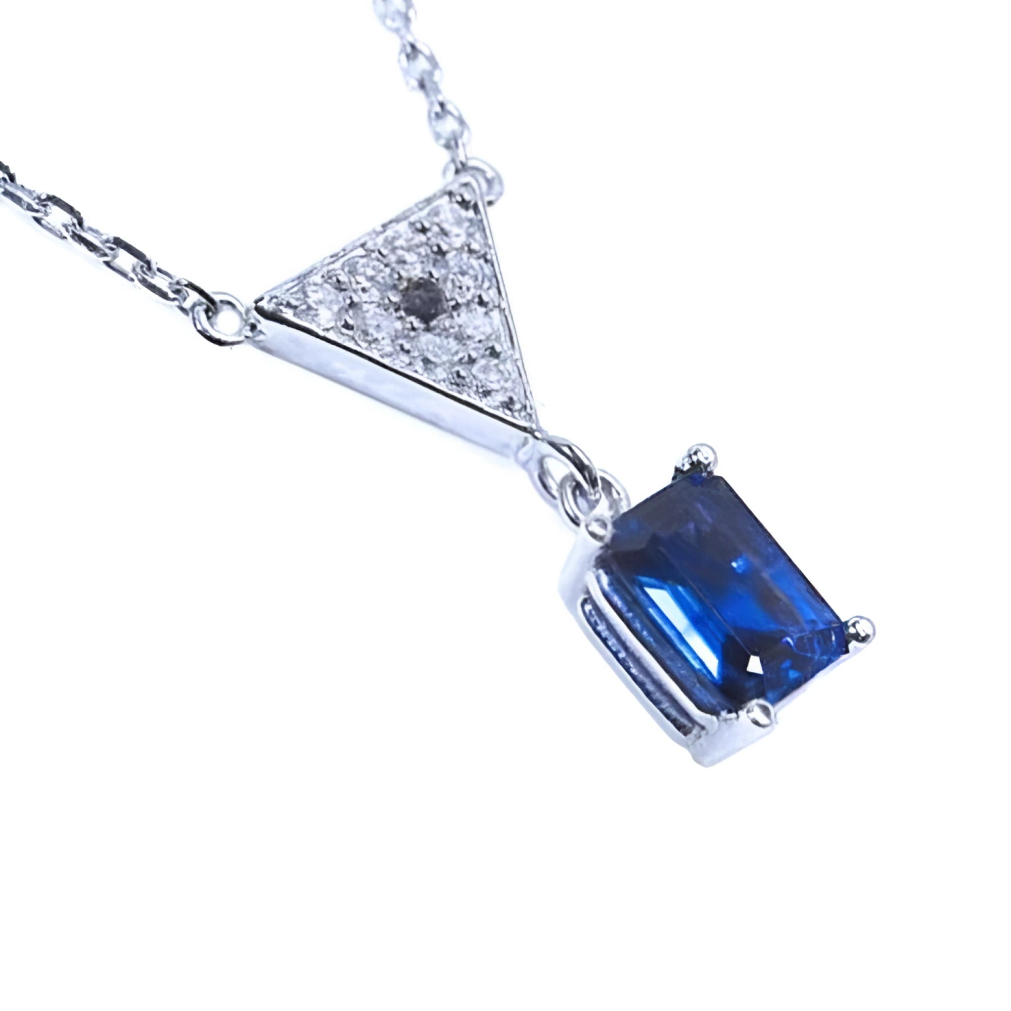 A natural blue sapphire necklace with diamonds accent crafted in 14k white gold dangling pendant.