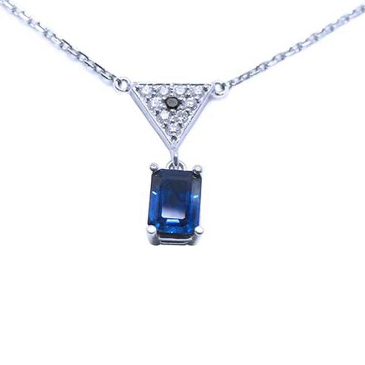 1.05 carat natural blue sapphire necklace in 14K white gold with a trillion diamond centerpiece.
