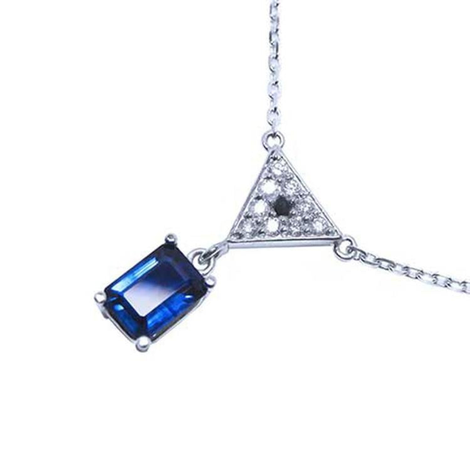 1.05 carat natural blue sapphire necklace with a trillion diamond centerpiece in 14K white gold.
