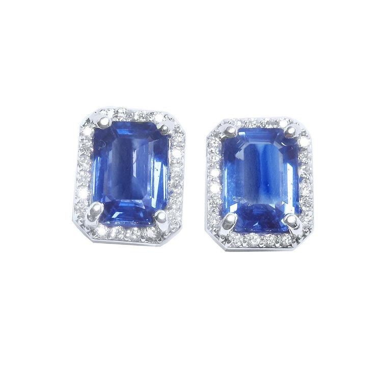 Natural blue sapphire stud earrings emerald cut halo diamond 14k white gold, front position full top view
