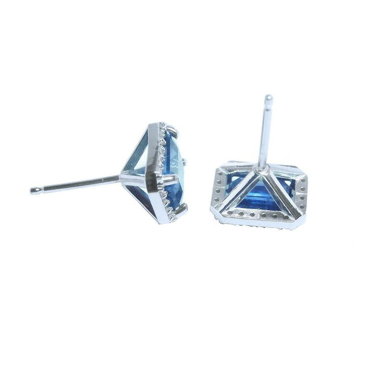 Natural blue sapphire stud earrings emerald cut halo diamond 14k white gold, two position profiles