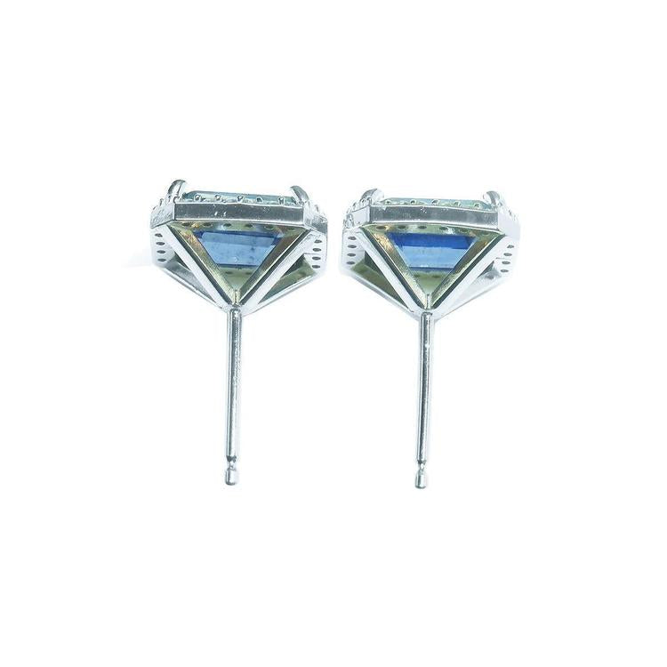 Natural blue sapphire stud earrings emerald cut halo diamond 14k white gold, underside view profile