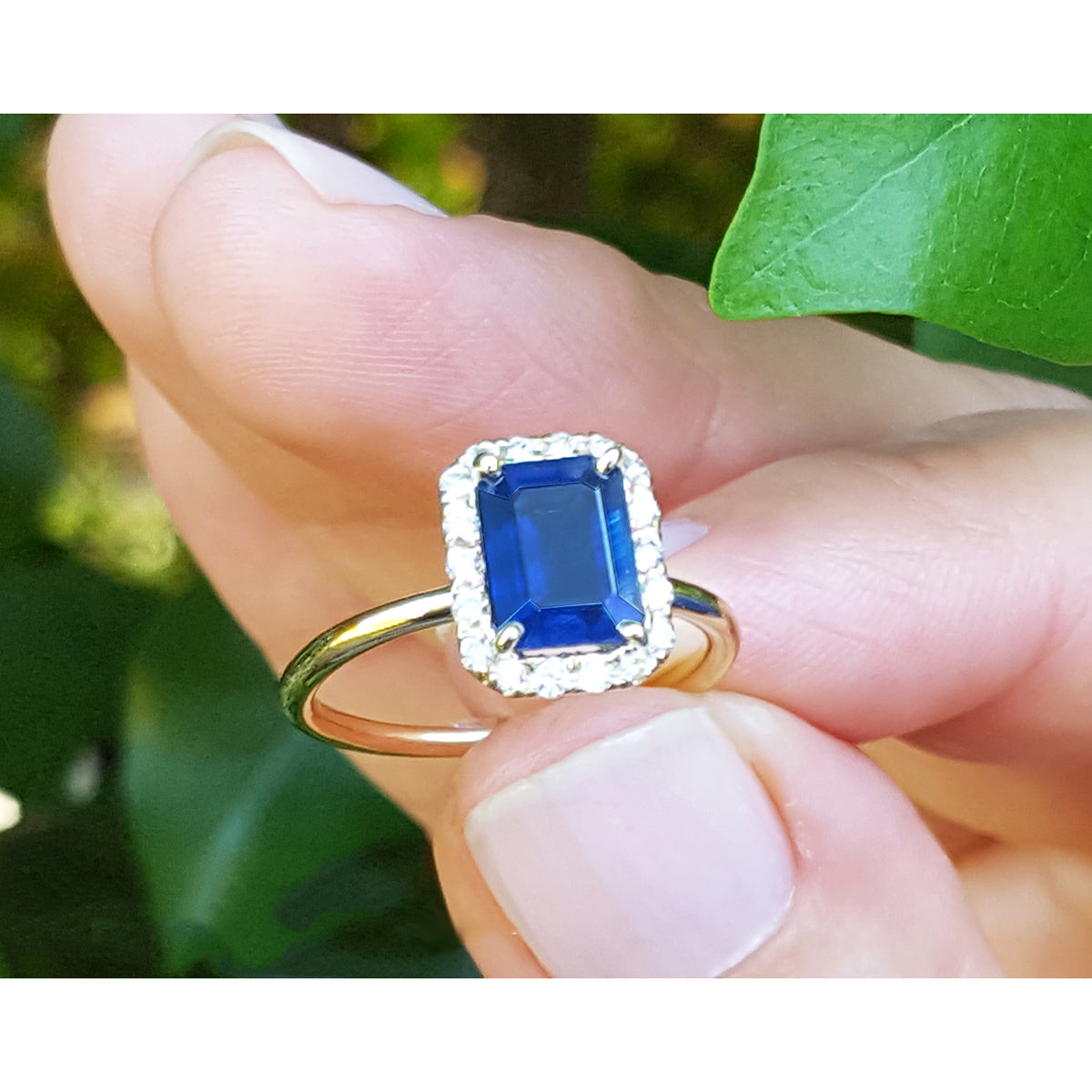 Women&#39;s Natural Blue Sapphire Ring 1.99 ct. Halo Diamond in 14k Yellow Gold