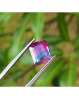 Multicolored natural tourmaline held by tweezers with a blurred green background.