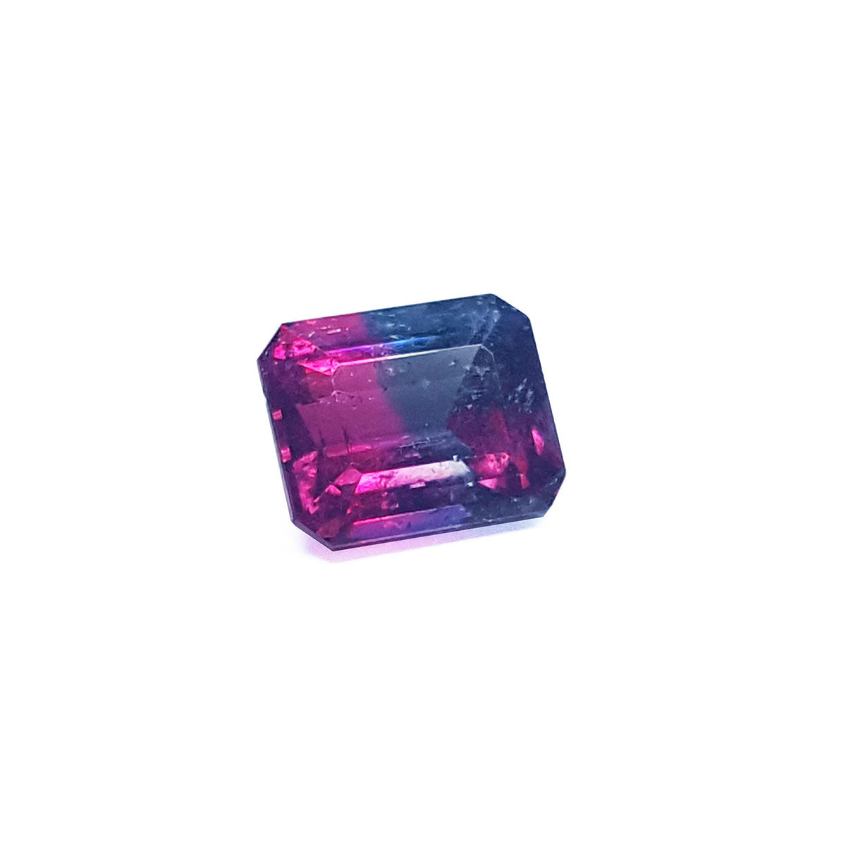 Faceted natural watermelon tourmaline with pink and blue colors on a white background.