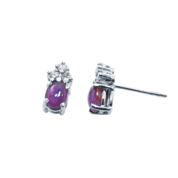Pink sapphire and diamond earrings oval cabochon cut in 14k white gold.