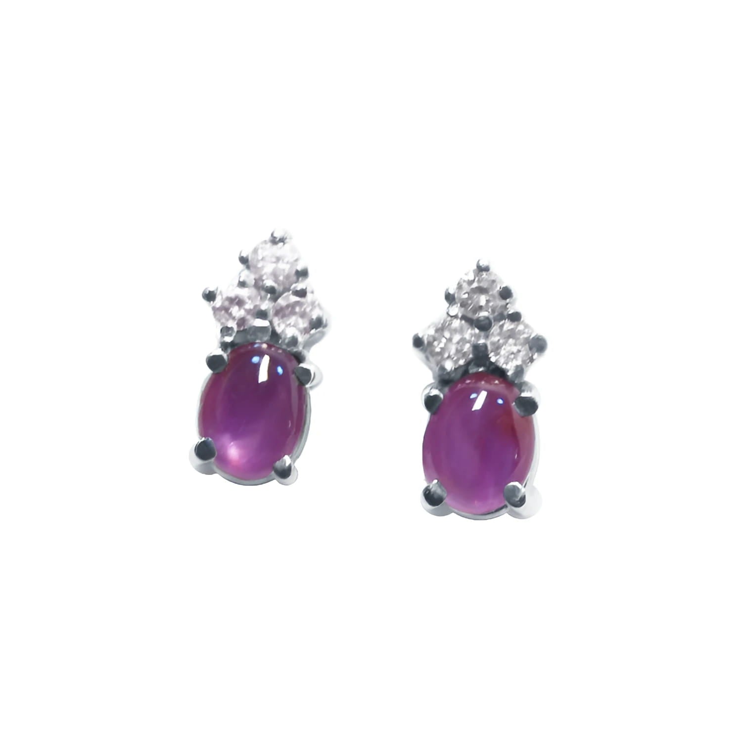 Pair of cabochon pink sapphire stud earrings and diamond made of 14k white gold push backs.