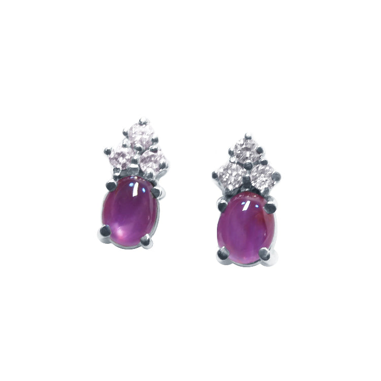 Pair of cabochon pink sapphire stud earrings and diamond made of 14k white gold push backs.