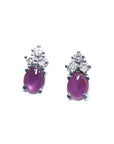 Pair of cabochon pink sapphire stud earrings and diamond made of 14k white gold push backs.