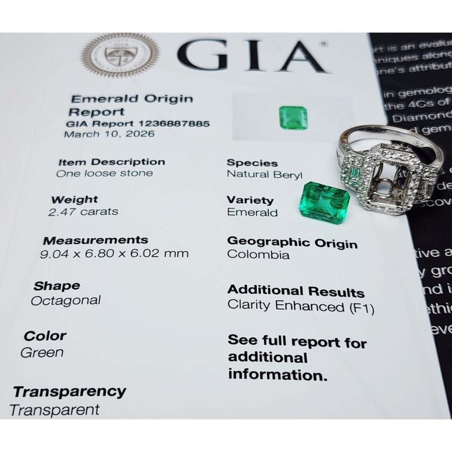 GIA report for a 2.47 ct octagonal green emerald, with a loose emerald and an 18K white gold diamond halo ring.