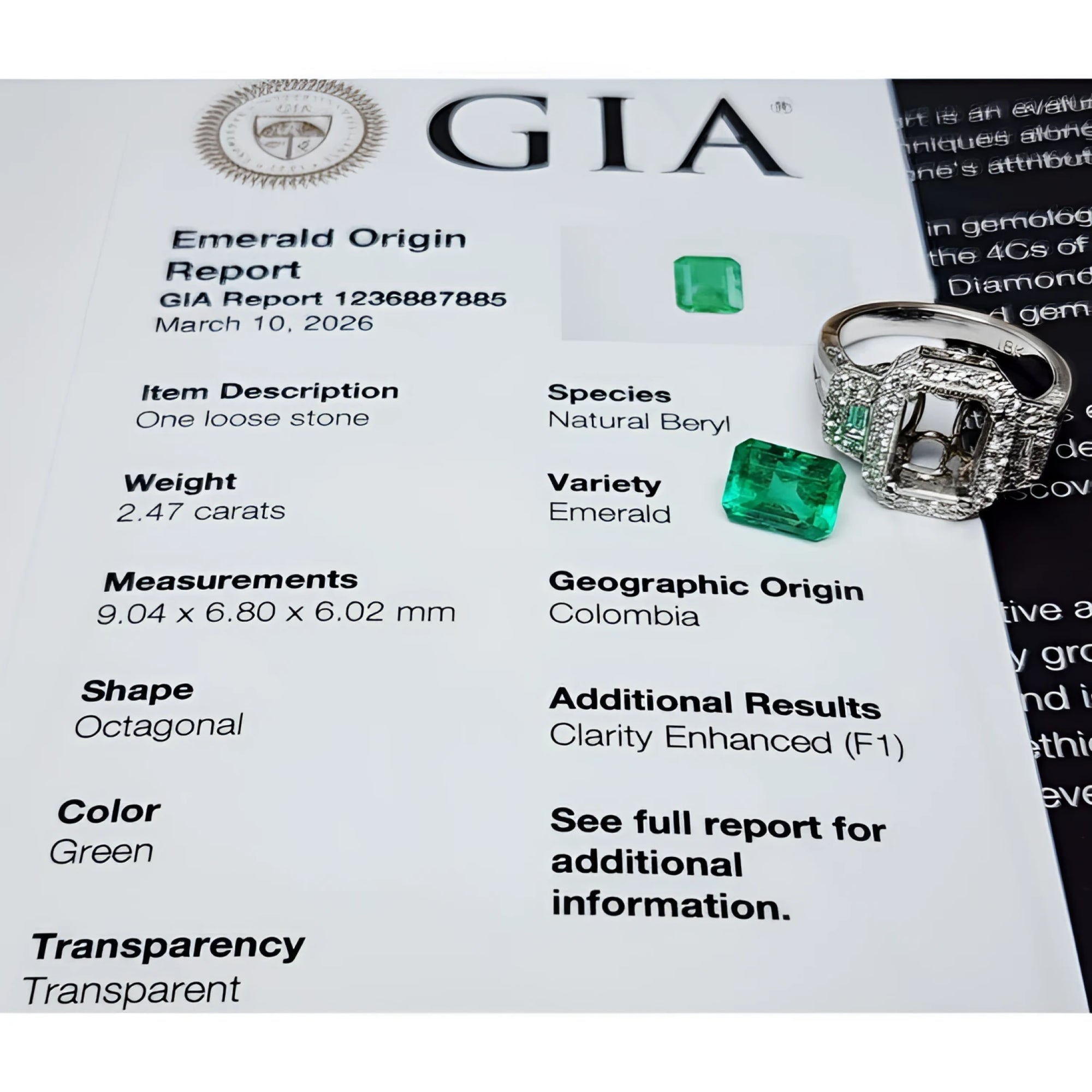 GIA report for a 2.47 ct octagonal green emerald, with a loose emerald and an 18K white gold diamond halo ring.