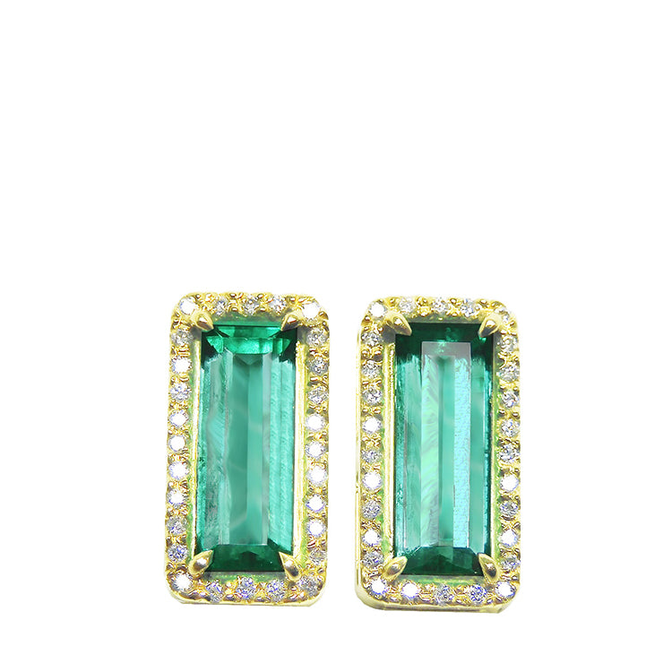 A stunning collection of natural Colombian emerald earrings, accented with genuine diamonds and set in luxurious 18k or 14k gold, offering high-quality emerald jewelry for women.