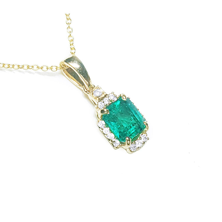 Natural Colombian emerald and diamonds necklace emeral-cut crafted in 14k yellow gold